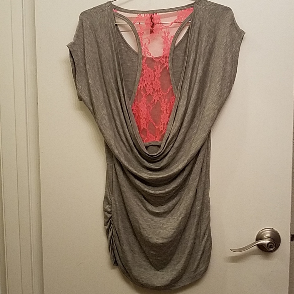 Gray open back top with hot pink lace